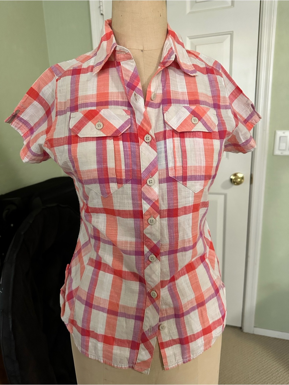 Columbia Pink, Coral & Lavender Plaid cotton camp shirt